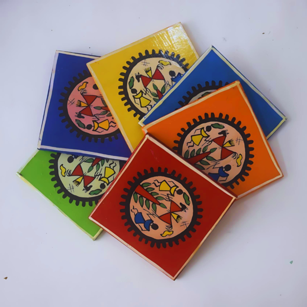 Rangyatra Wooden Handmade Drink Coaster Set With Decorative Holder Indian Handicraft Home Decor Tabletop Rajasthani Elephant Coaster For Coffee Tea Mug Cup Glass-Set of 6 (Randoom Colors)