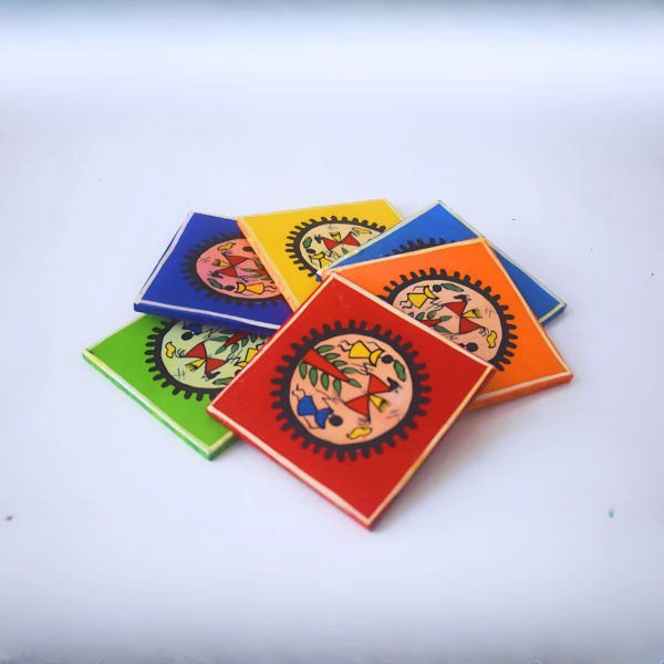 Rangyatra Wooden Handmade Drink Coaster Set With Decorative Holder Indian Handicraft Home Decor Tabletop Rajasthani Elephant Coaster For Coffee Tea Mug Cup Glass-Set of 6 (Randoom Colors) - Image 3