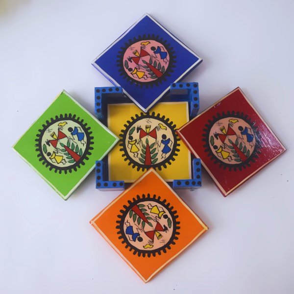 Rangyatra Wooden Handmade Drink Coaster Set With Decorative Holder Indian Handicraft Home Decor Tabletop Rajasthani Elephant Coaster For Coffee Tea Mug Cup Glass-Set of 6 (Randoom Colors) - Image 2