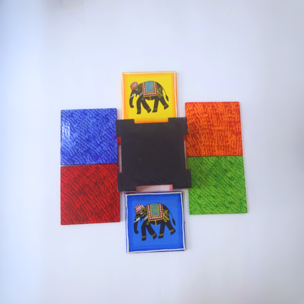 Rangyatra Wooden Handmade Drink Coaster Set With Decorative Holder Indian Handicraft Home Decor Tabletop Rajasthani Elephant Coaster For Coffee Tea Mug Cup Glass-Set of 6 (Randoom Colors) - Image 5