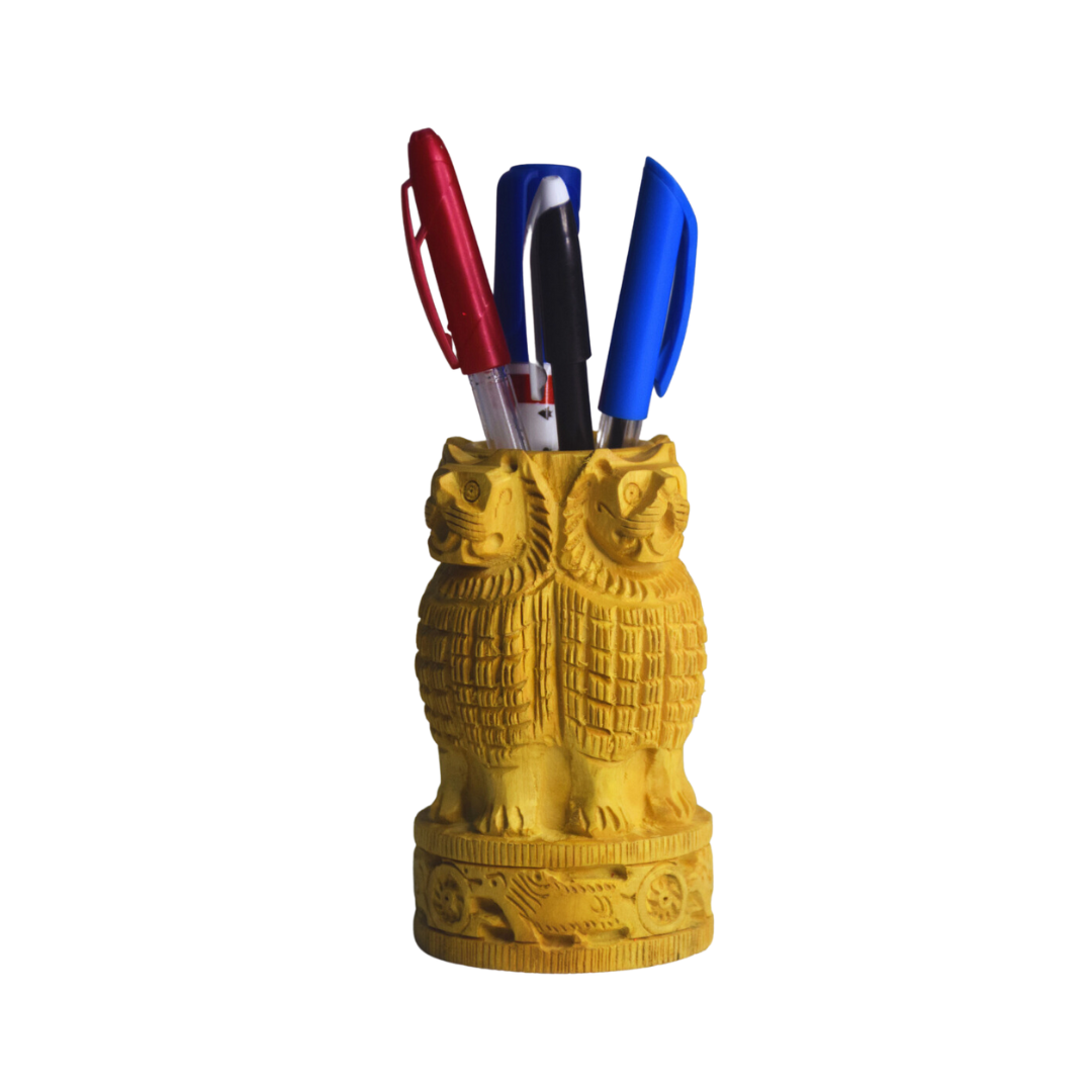Wooden Handmade Ashok Stambh Memento Pen Stand With Home Decor/Office Decor