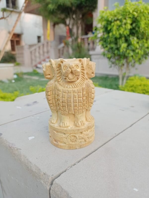 Wooden Hand Carved Pen Stand Ashoka with 4 Lion